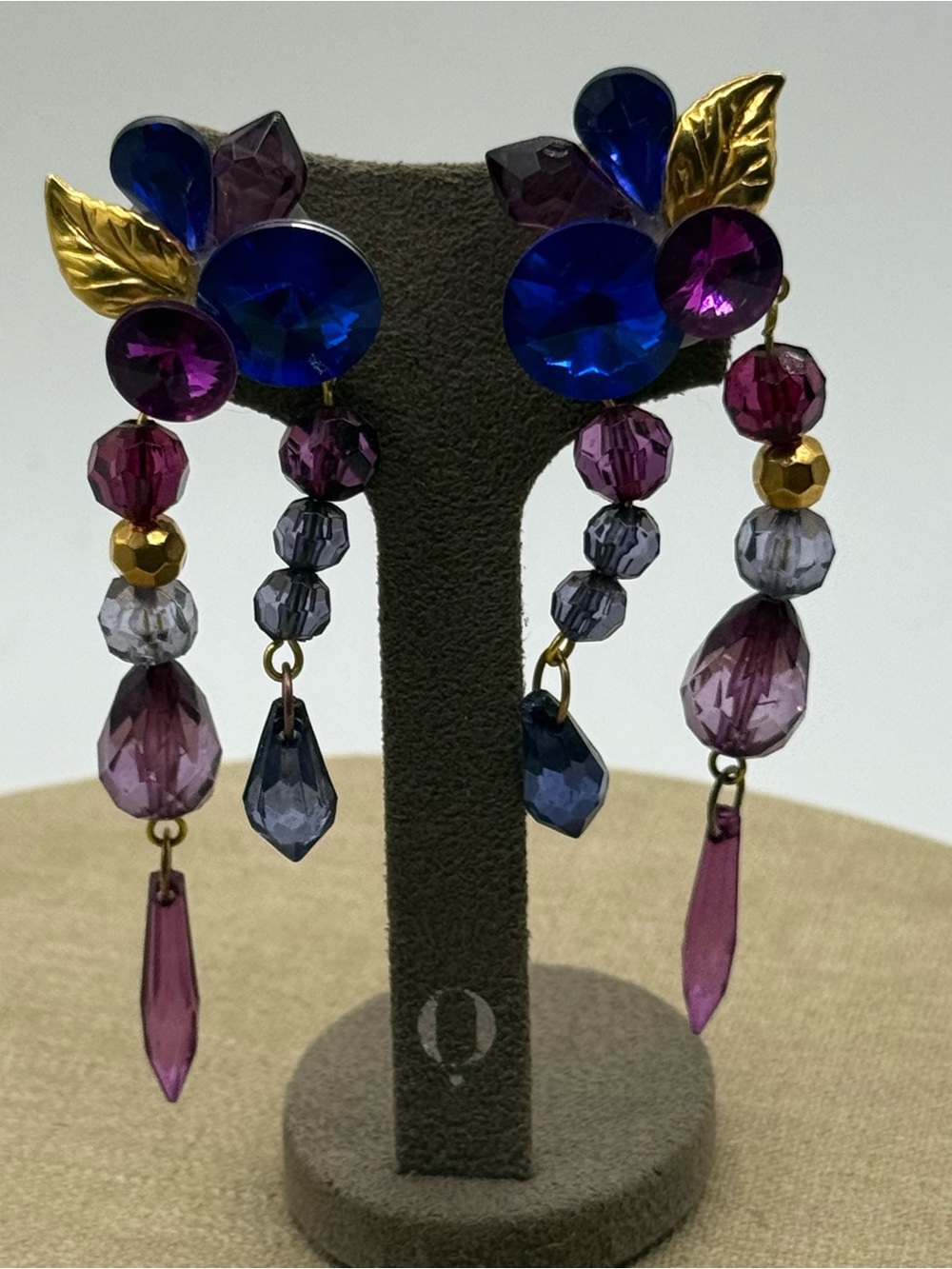 Vintage novelty Gold Leaf Purple & Blue Crystal Drop Earrings